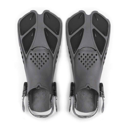 Unisex adjustable swimming fins for adults, black with blue accents, ideal for dive training and water sports