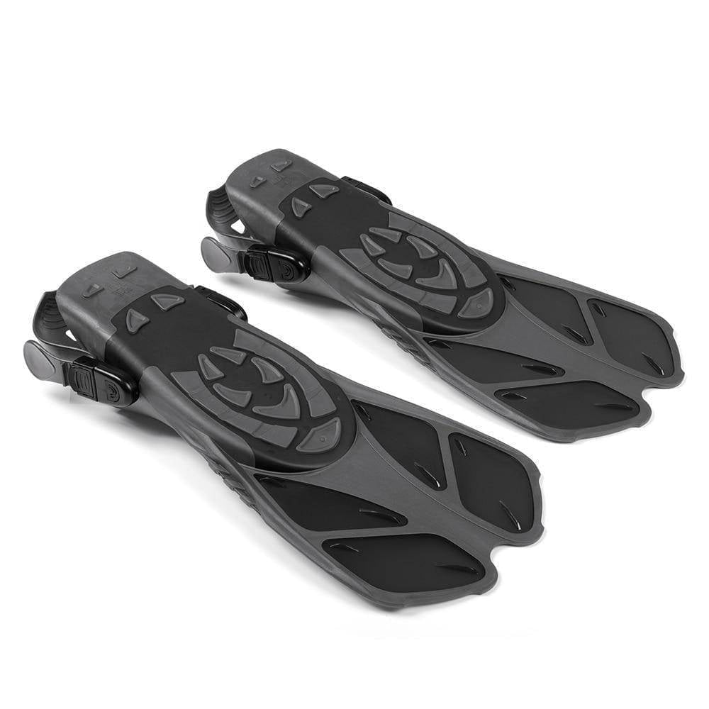 Close-up of flexible aquatic swimming fins with adjustable heel strap, perfect for snorkeling and swim training