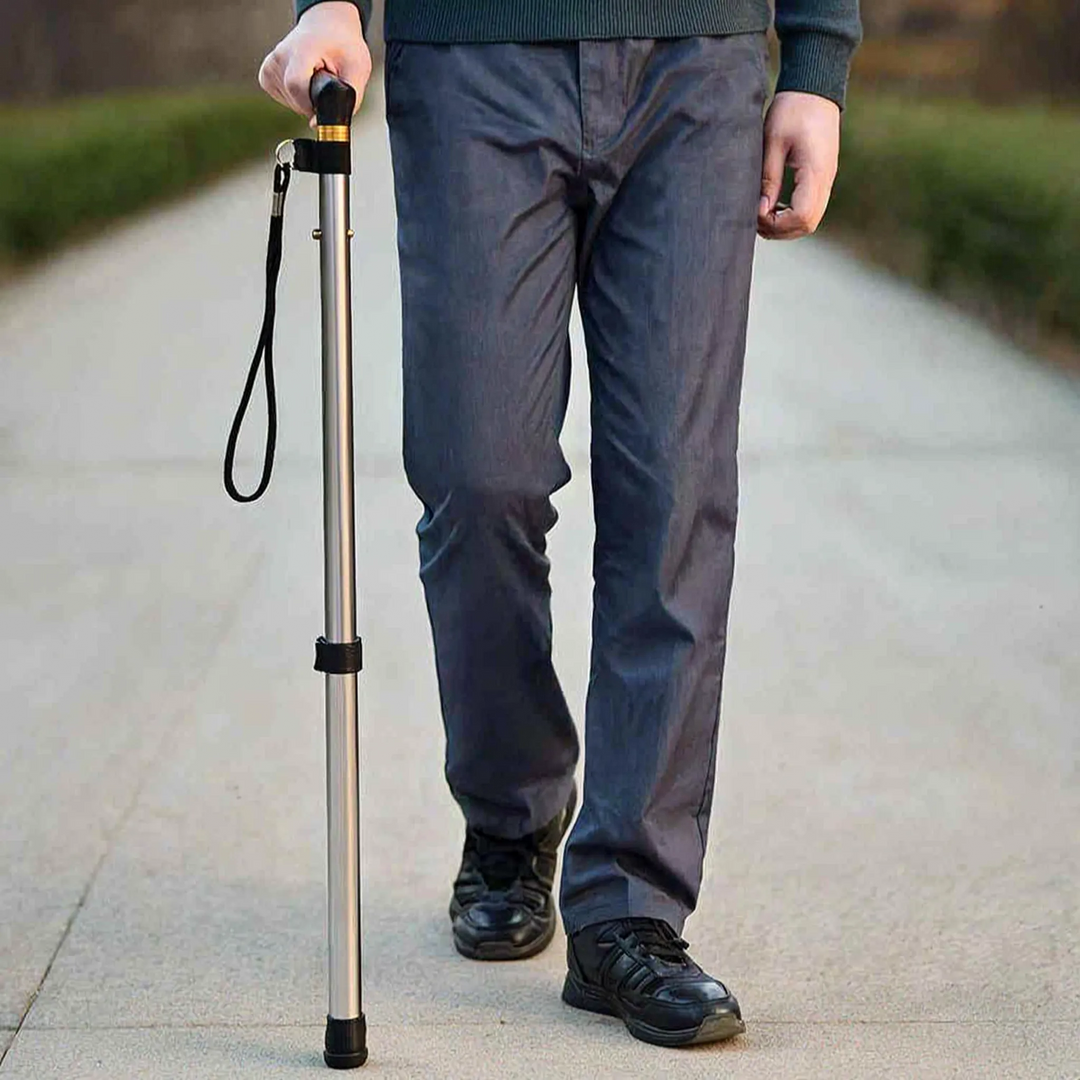 Unisex adjustable telescopic folding walking cane for support, lightweight aluminum, portable mobility aid.