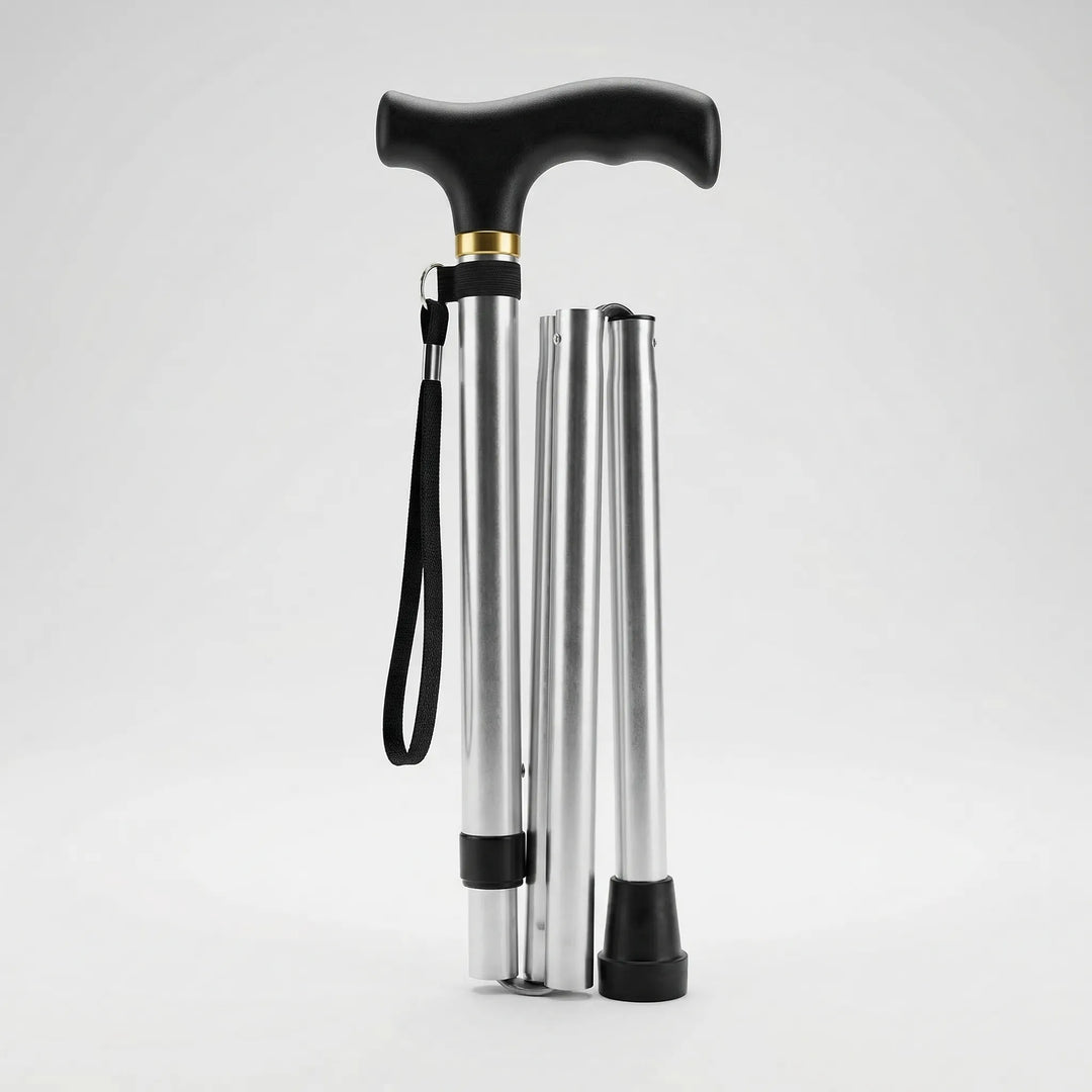 Folding walking cane, lightweight aluminum, ideal travel cane, portable assistive device for elderly.