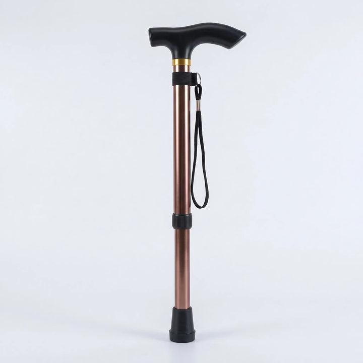 Portable folding walking cane, adjustable height, telescopic aluminum support, a lightweight mobility aid.
