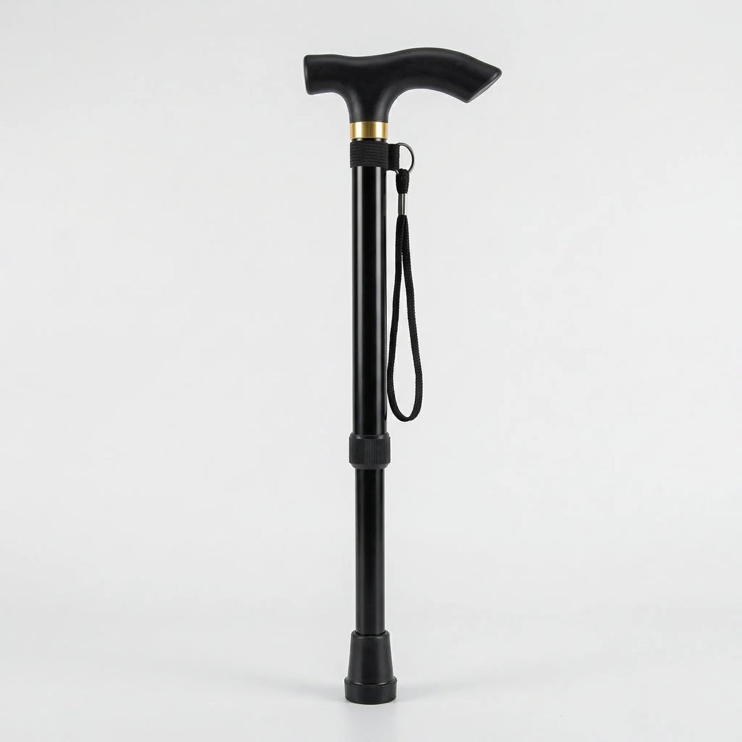 Convenient travel cane, adjustable folding design, lightweight aluminum for reliable support & portability.