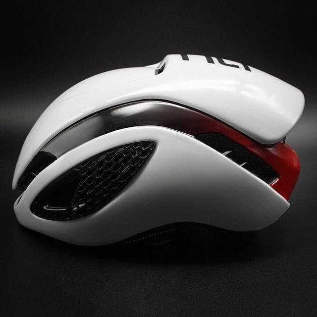Aero cycling helmet in a dynamic angle, highlighting its unisex design and optimal aerodynamic shape