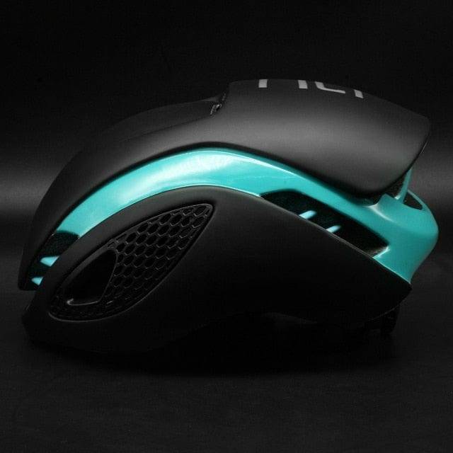 Front view of an aerodynamic cycling helmet, designed for ultimate speed and protection during rides