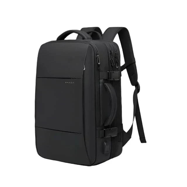Ergonomic shoulder straps & padded back of an expandable travel laptop backpack, comfortable for work.