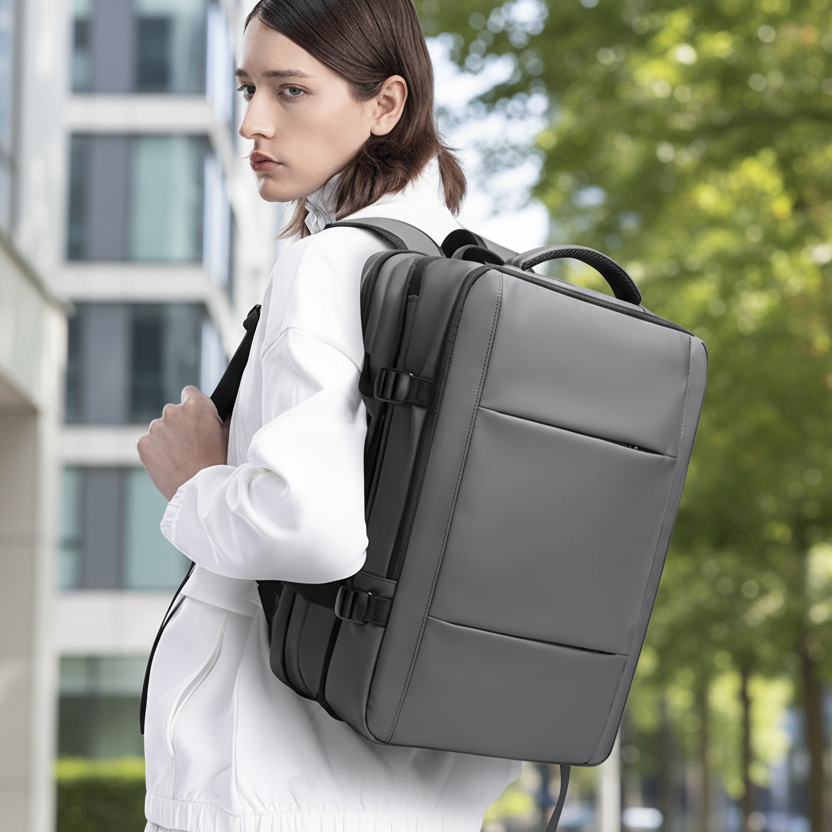 Expandable tech backpack for work or travel, featuring a dedicated laptop compartment & large capacity.