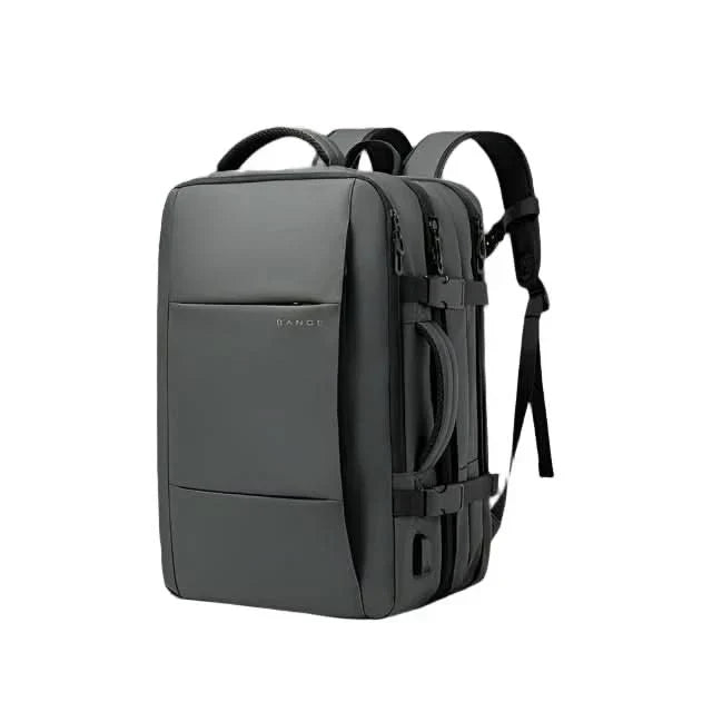 Large capacity business travel backpack, expandable design with laptop compartment & aesthetic appeal.
