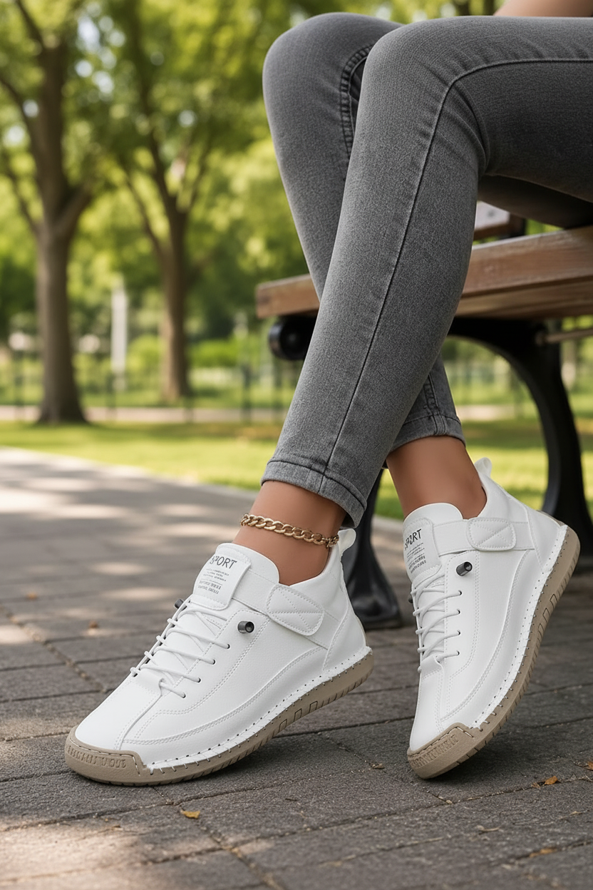 Side view of lightweight unisex sneakers with a flexible sole, perfect for walking and active use.