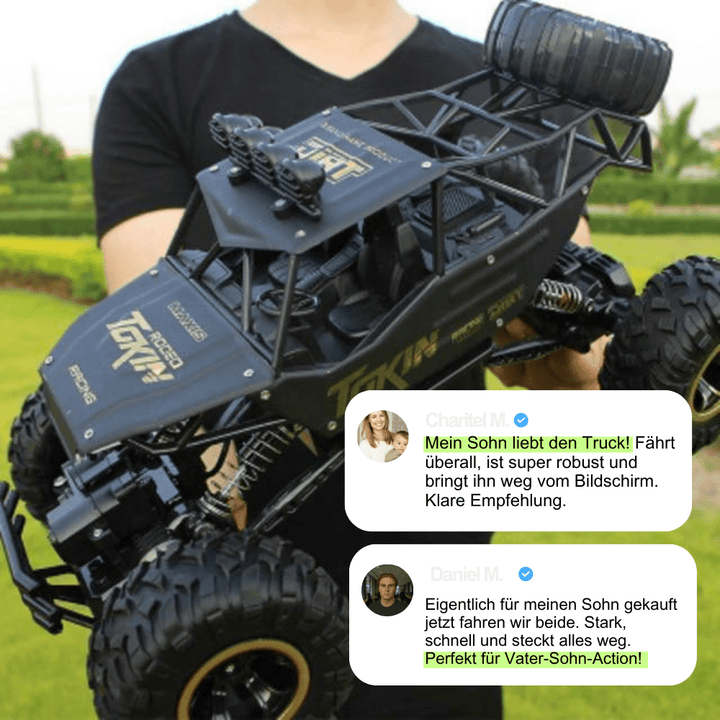 Remote control toy monster truck, great for indoor and outdoor play on various surfaces.