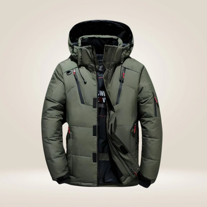 Person wearing a unisex insulated winter jacket, enjoying snow protection and warmth during outdoor activities.