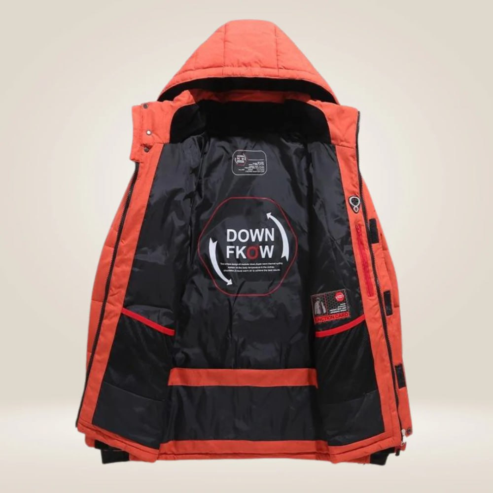 Close-up of the waterproof and windproof fabric of the unisex all-weather insulated winter jacket.