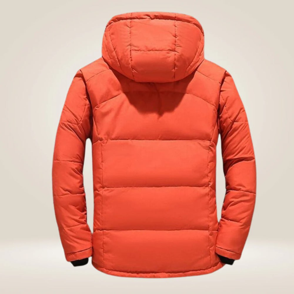 Insulated winter jacket with durable zippers & adjustable hood, ideal for cold weather comfort.