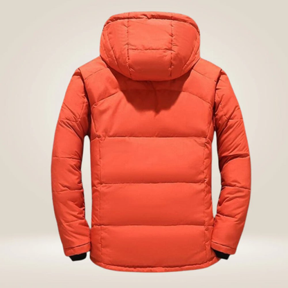 Insulated winter jacket with durable zippers & adjustable hood, ideal for cold weather comfort.