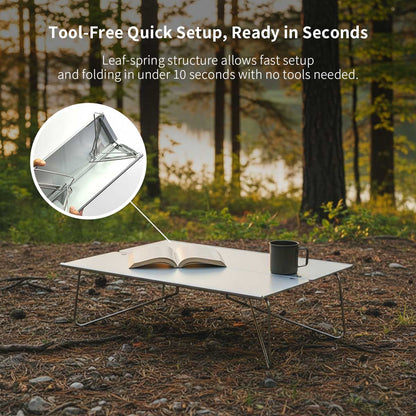 Compact A4 aluminum foldable table, shown folded for easy transport, ideal portable outdoor gear.