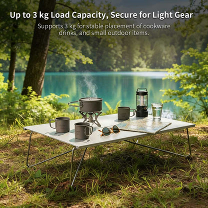 Detail of the strong aluminum frame of the foldable camping table, built for outdoor durability.