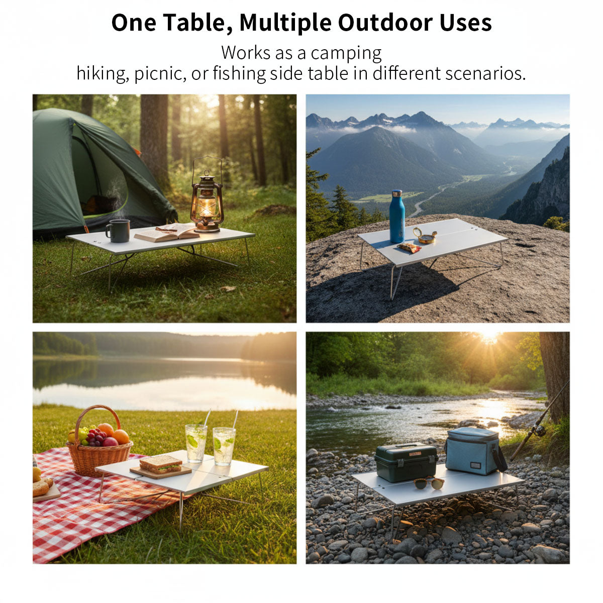 Close-up of the waterproof surface of the aluminum camping table, easy to clean for outdoor gear.