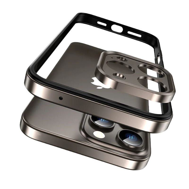 Protective aluminum alloy iPhone cover with elevated camera lens protection.