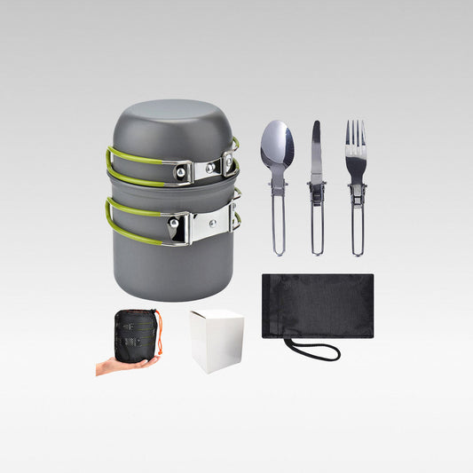 Unisex aluminum camping cookware set for outdoor kitchen & portable grilling, lightweight hiking equipment.