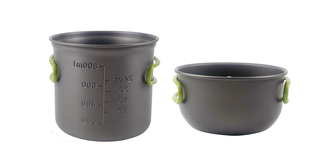 Unisex travel gear: a complete aluminum cookware set for portable grilling and camp kitchen.
