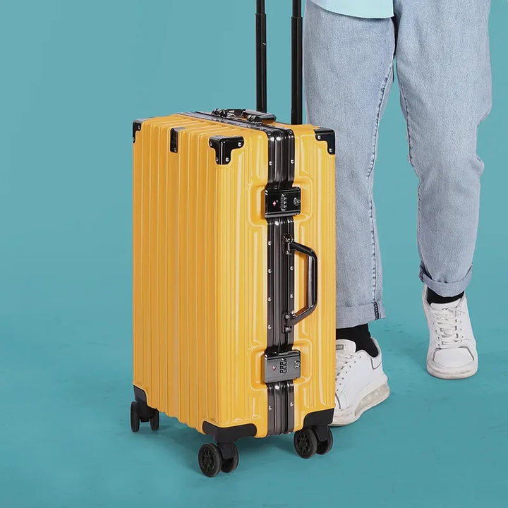 Sleek aluminum frame travel suitcase. Hard-shell design & smooth spinner wheels for secure journeys.