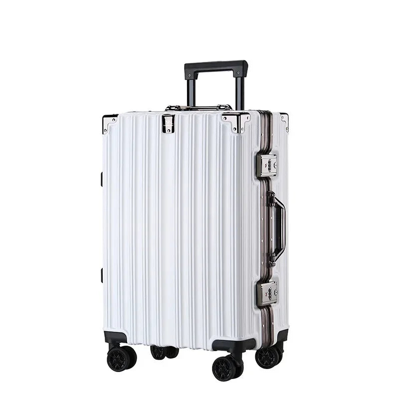Secure aluminum frame hard-shell travel suitcase. Unisex design, spinner wheels & robust construction.