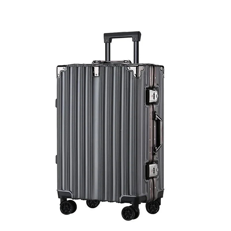 Durable carry-on luggage with aluminum frame and hard-shell. Secure lock, modern design, spinner wheels.