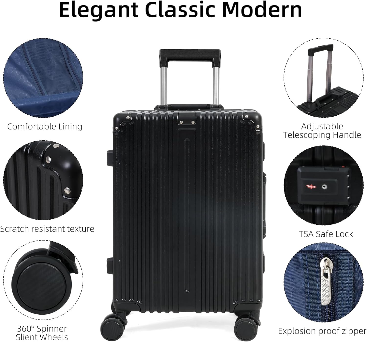 Durable hardside aluminum frame luggage with spacious interior, ideal for unisex carry-on or check-in travel.