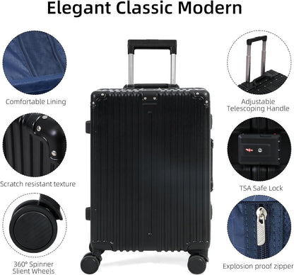 Durable hardside aluminum frame luggage with spacious interior, ideal for unisex carry-on or check-in travel.