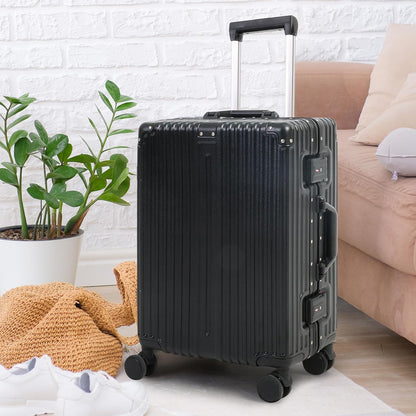 Unisex aluminum frame luggage with TSA lock and smooth wheels, perfect for efficient airport business travel.
