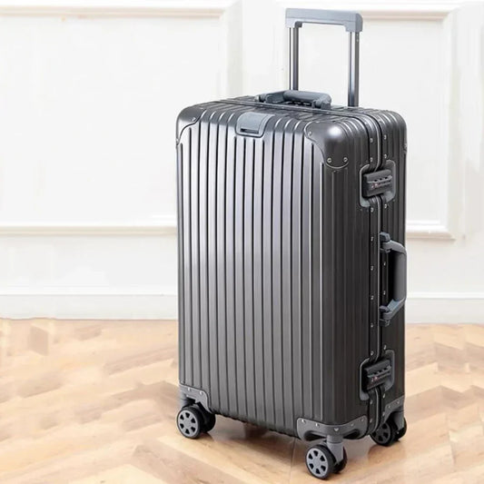 Unisex aluminum-magnesium hardshell suitcase, durable travel luggage with spinner wheels.