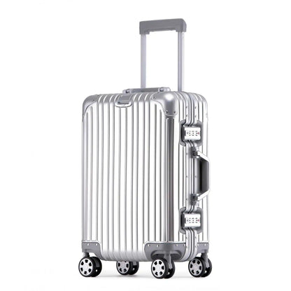 Versatile aluminum hardshell suitcase, great for carry-on or checked travel, durable.