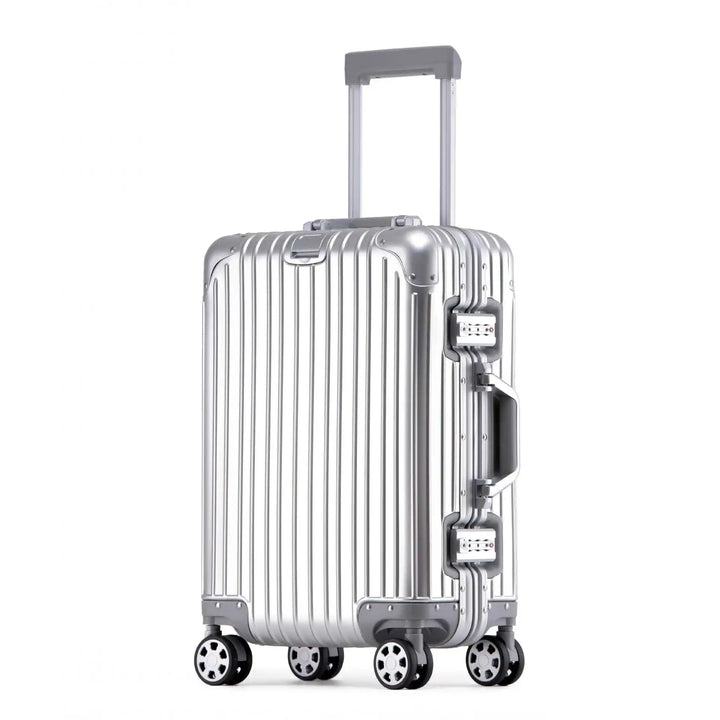 Versatile aluminum hardshell suitcase, great for carry-on or checked travel, durable.
