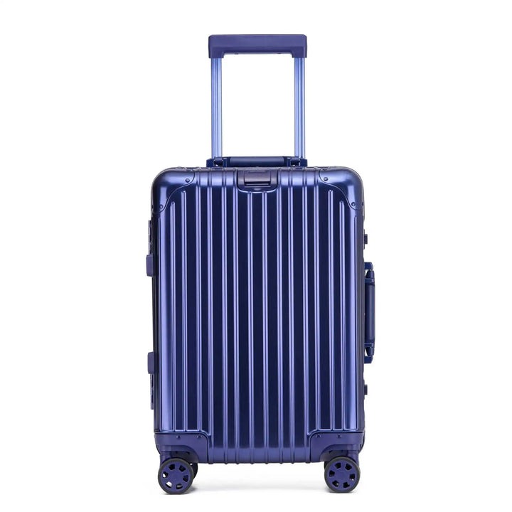 Sleek unisex aluminum alloy hardshell suitcase, featuring spinner wheels and TSA lock.
