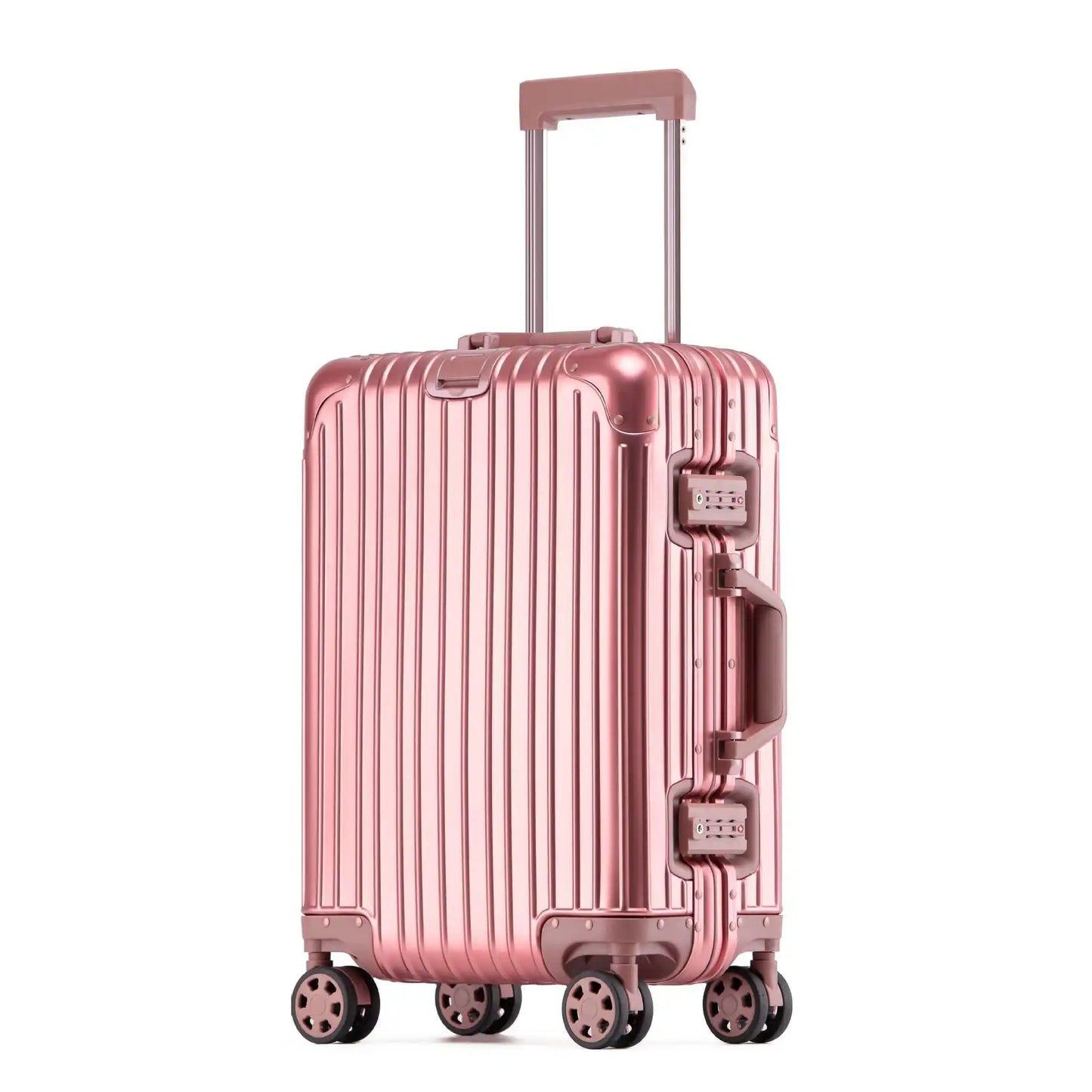 Modern hardshell suitcase with strong aluminum alloy and easy-glide spinner wheels.
