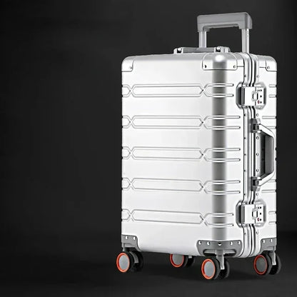 Elegant aluminum-magnesium hardside suitcase, blending durability with sophisticated travel style.