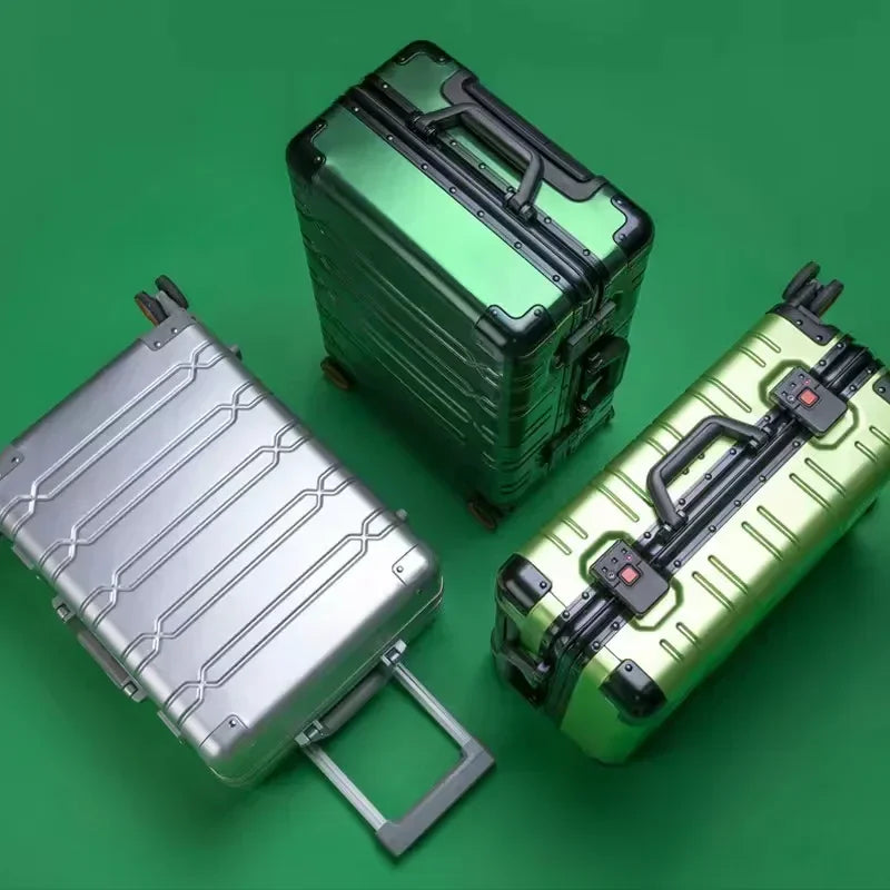 Modern unisex travel luggage, aluminum-magnesium hardside design for secure checked baggage.
