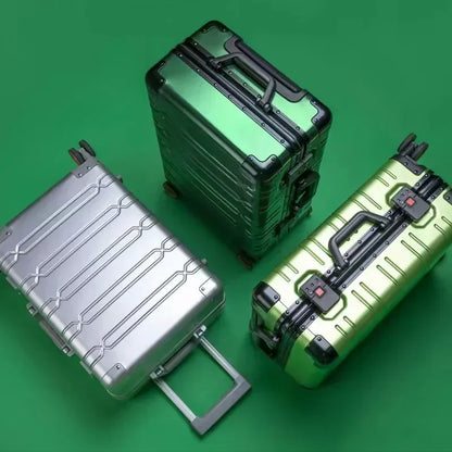 Modern unisex travel luggage, aluminum-magnesium hardside design for secure checked baggage.