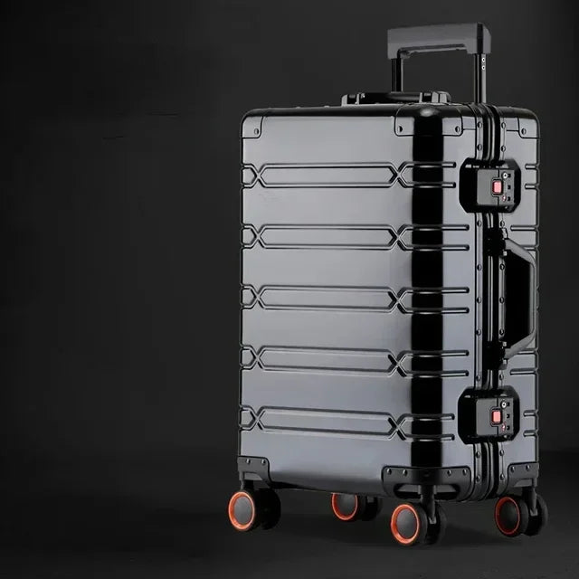 Lightweight aluminum-magnesium hardside luggage, easy to maneuver with multi-directional spinner wheels.