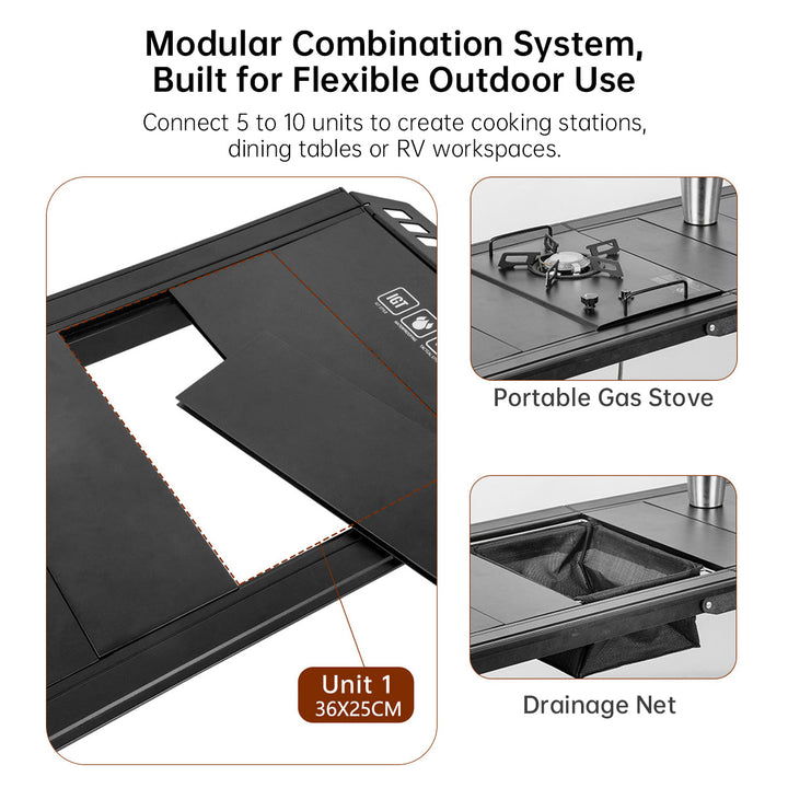 Compact aluminum folding camping table with modular design, perfect for RV cookstation