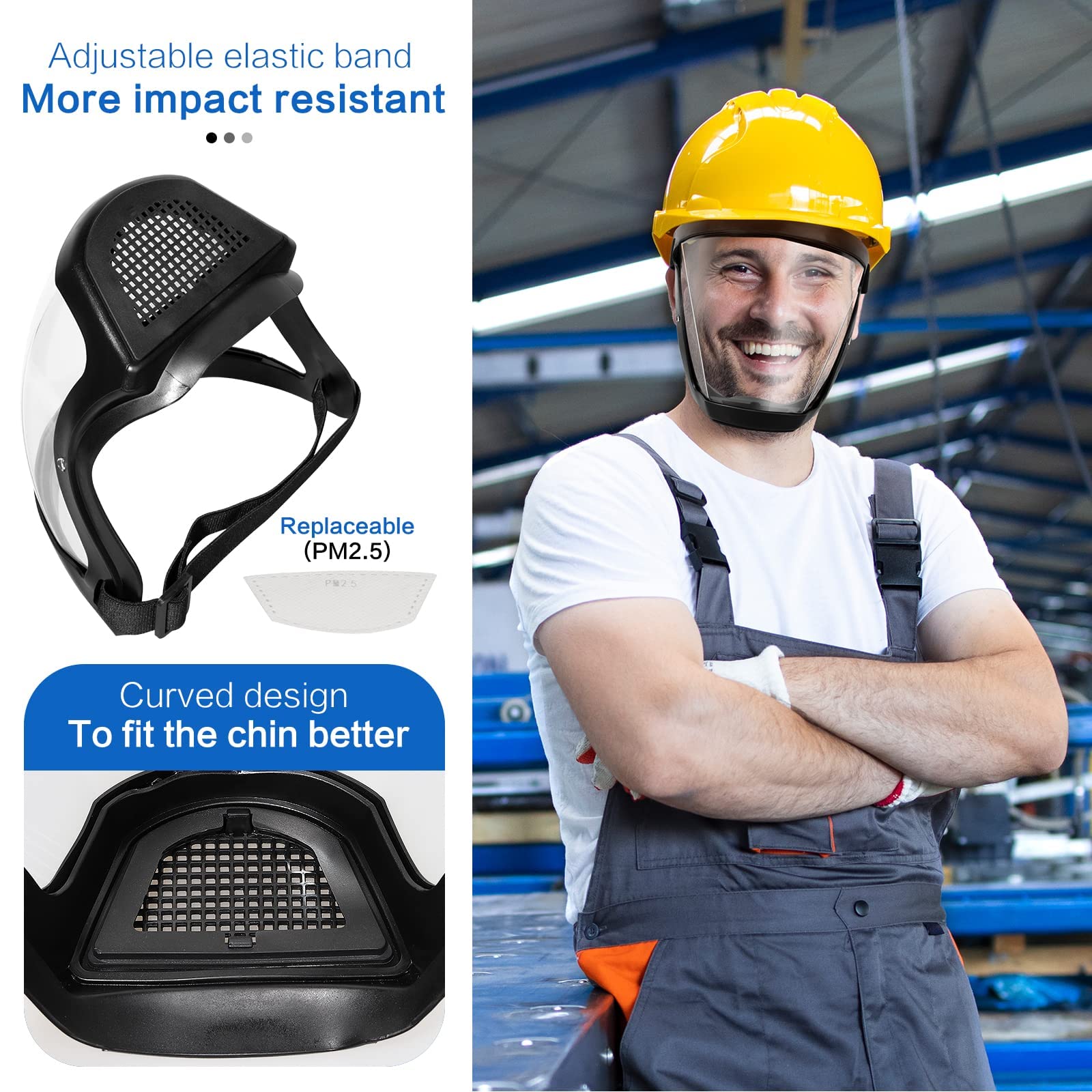 Protective face shield for work; reusable safety gear to guard against splashes, dust, and respiratory droplets.
