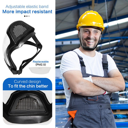 Protective face shield for work; reusable safety gear to guard against splashes, dust, and respiratory droplets.