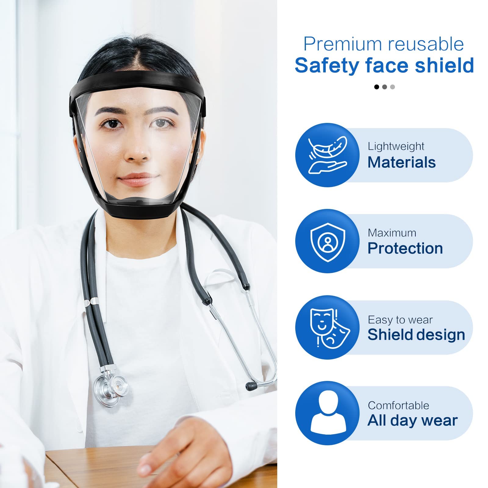 Lightweight, reusable anti-fog face shield providing clear vision and essential personal protective safety.