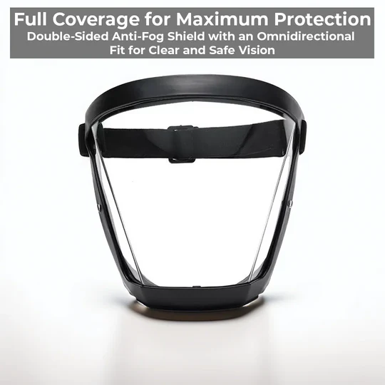 Clear anti-fog full face shield with adjustable strap. Essential protective gear for work safety against dust, sparks.