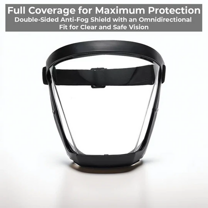 Clear anti-fog full face shield with adjustable strap. Essential protective gear for work safety against dust, sparks.