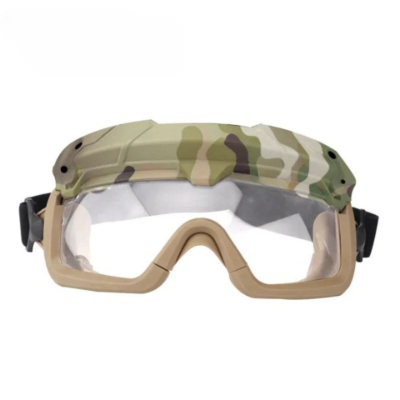 Close-up of the anti-fog lens of tactical goggles, showing clarity and scratch resistance.