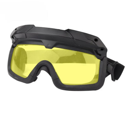 Black tactical goggles featuring anti-fog coating and UV protection for outdoor sports enthusiasts.
