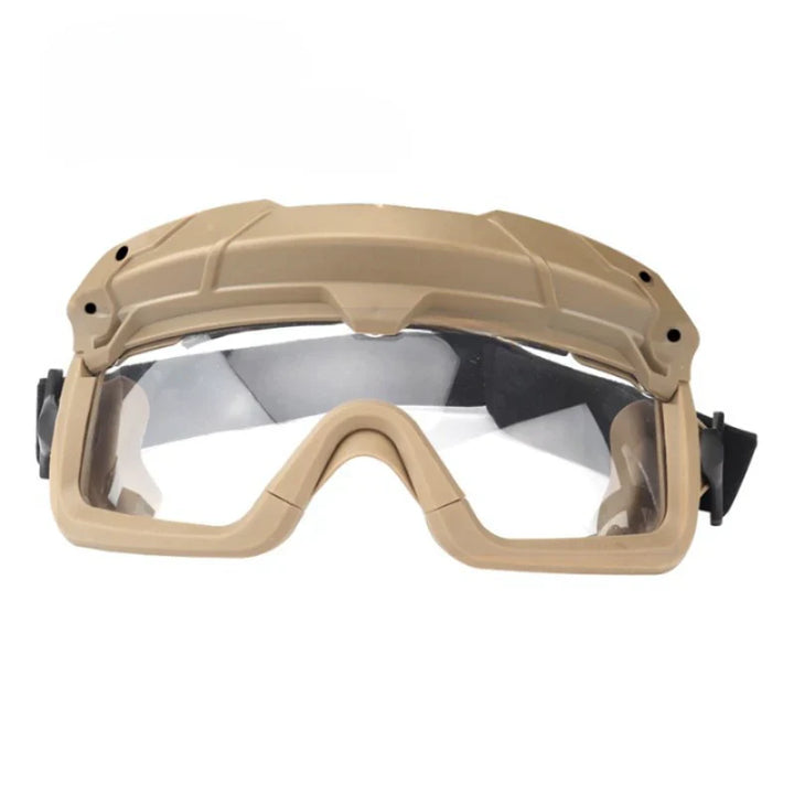 Airsoft protective eyewear: anti-fog tactical goggles against a blurred outdoor background.