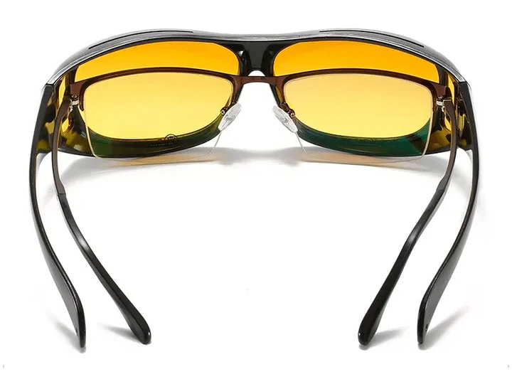 Close-up of anti-glare night driving glasses, showing lenses that block glare for better road safety.