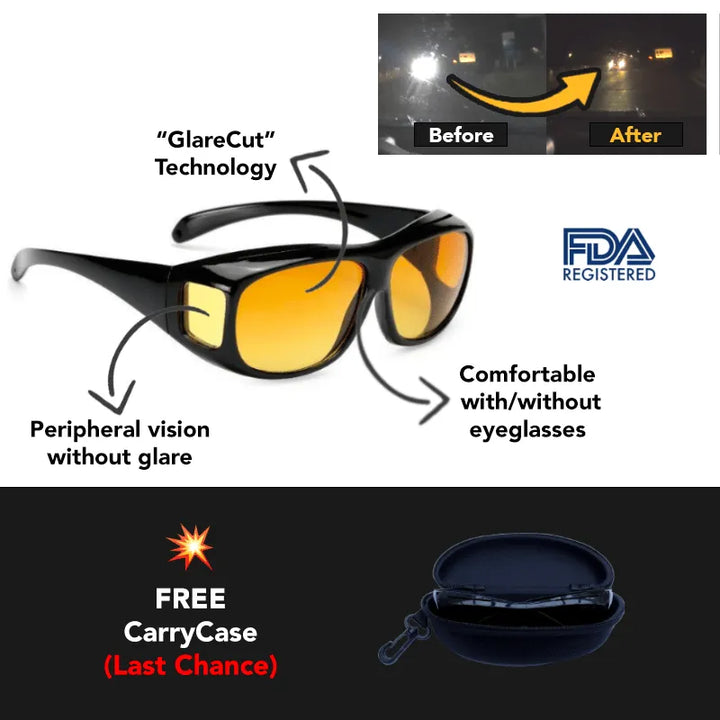 Driver wearing unisex anti-glare glasses for night driving, experiencing enhanced vision and reduced strain.