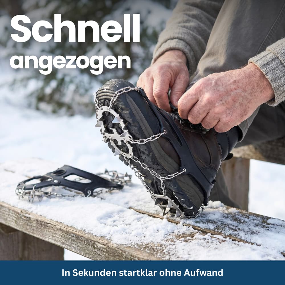 Ice cleats attached to hiking boots, demonstrating secure fit and readiness for icy trails
